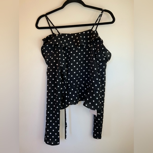 Polka Dot Cold Shoulder Black Chiffon Blouse - Picture 4 of 9